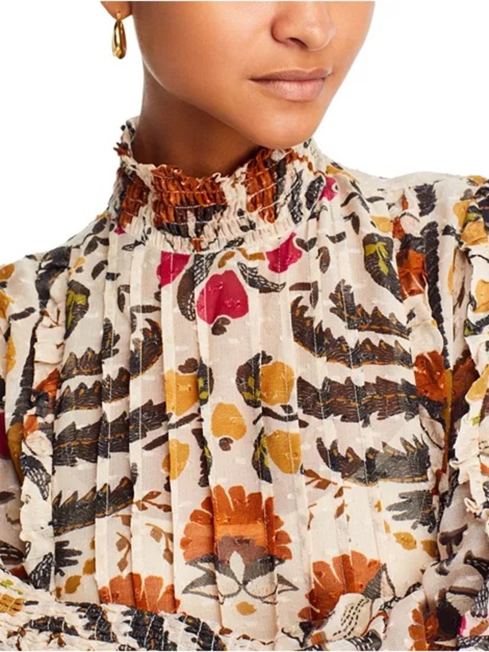 FARM Rio Palms Paradise Cream Floral Smocked High-Neck Long-Sleeve Mini Dress - Picture 2 of 15
